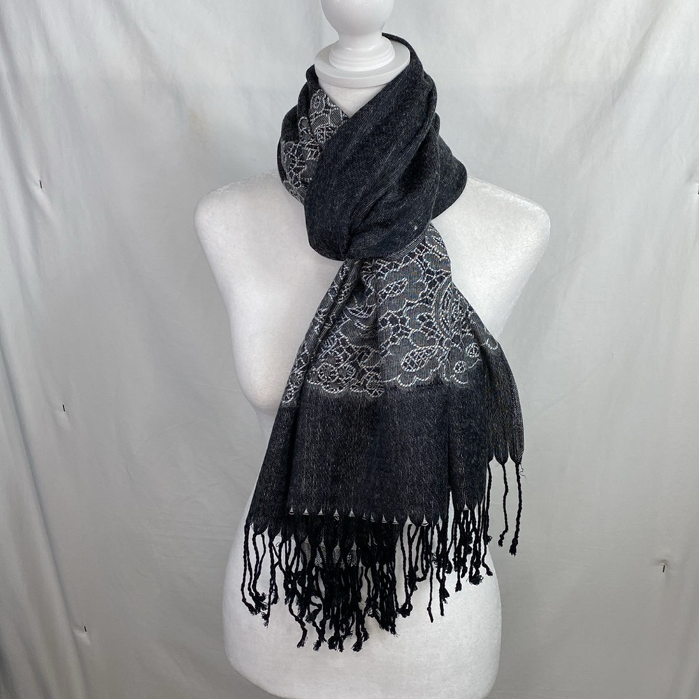 Black & Gray Paisley Embellished Scarf Wrap with Fringe.
